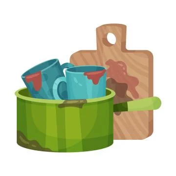 Pile of Dirty Kitchen Utensils and Crockery Left after Lunch Vector Illustration Stockillustratie