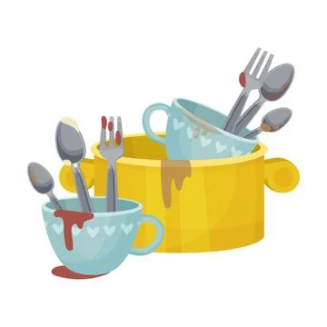 Pile of Dirty Kitchen Utensils and Crockery Left after Lunch Vector Illustration Stockillustratie