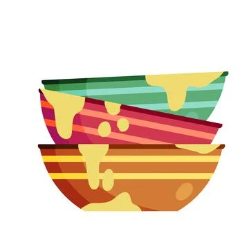 Pile of dirty plates. Stack of kitchen utensils after lunch. Stock Illustration