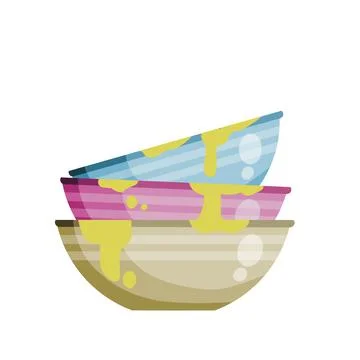 Pile of dirty plates. Stack of kitchen utensils after lunch. Lots of clay bowls. 스톡 일러스트