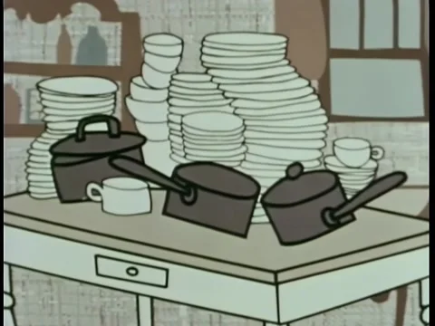 Pile of dishes and pots on table Stock Footage 260247062
