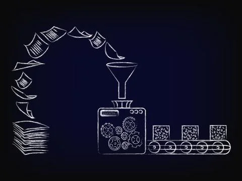 Pile of docs turning into data block by factory machine, vector Stock Illustration
