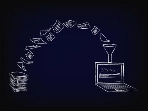 Pile of docs turning into data through funnel, ocr vector Stock Illustration