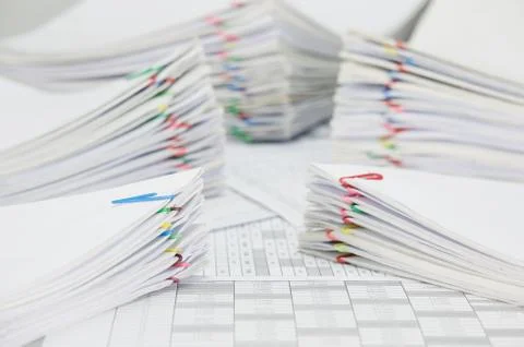 Pile document and blur overload paperwork place on finance account Stock Photos