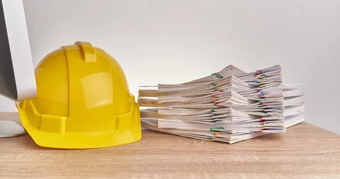 Pile document with engineer hat on computer table time lapse 動画素材 127987971
