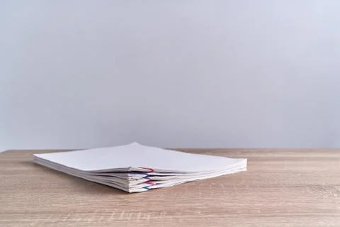 Pile document report on wood table with copy space Stock Photos