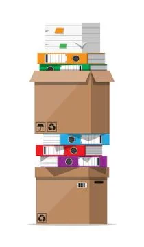 Pile of documents file folders and cardboard boxes Stock Illustration