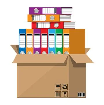 Pile of documents file folders and cardboard box 스톡 일러스트