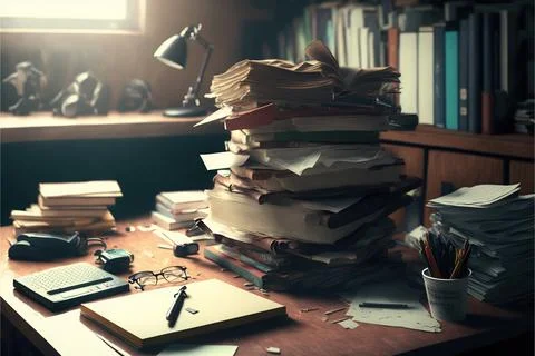 Pile of documents on work table, office dirty, Made by AI,Artificial intell.. Stock Illustration