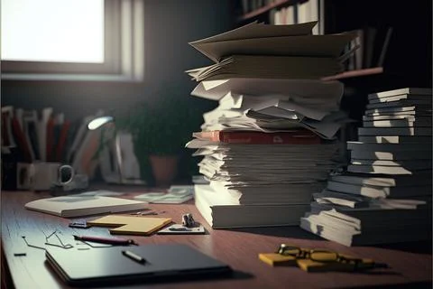 Pile of documents on work table, office dirty, Made by AI,Artificial intell.. Illustrazione stock