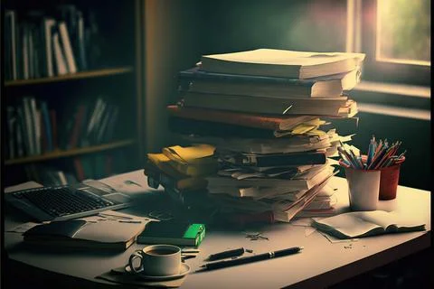 Pile of documents on work table, office dirty, Made by AI,Artificial intell.. Stock Illustration