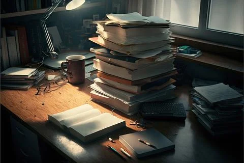 Pile of documents on work table, office dirty, Made by AI,Artificial intell.. Stock Illustration