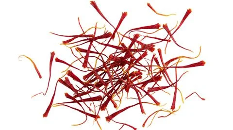 Pile of dried saffron threads on white background natural spice for cooking.. 스톡 사진