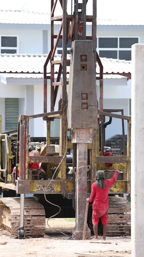 Pile driving machine and worker Video stock 246279546