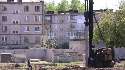 Pile-Driving Machine work on construction site at summer Stock Footage 57198526
