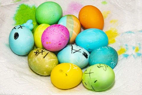 A pile of Easter Eggs decorated by a child. Stock Photos