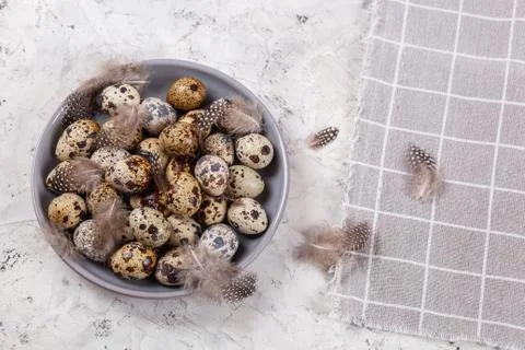 Pile of Easter quail eggs on gray fabric rag on concrete background Stock Photos