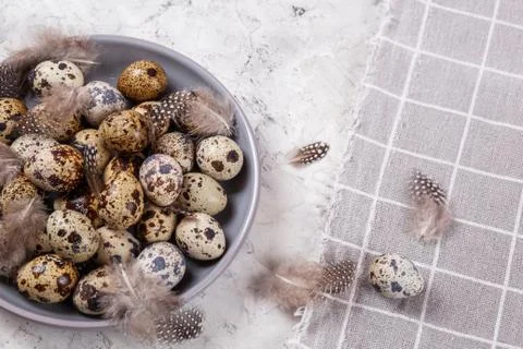 Pile of Easter quail eggs on gray fabric rag on concrete background Stock Photos