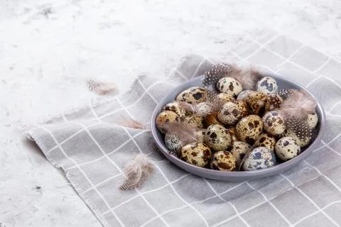Pile of Easter quail eggs on gray fabric rag on concrete background Stock Photos