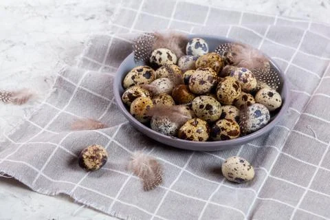 Pile of Easter quail eggs on gray fabric rag on concrete background 库存照片