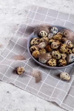Pile of Easter quail eggs on gray fabric rag on concrete background Stock Photos