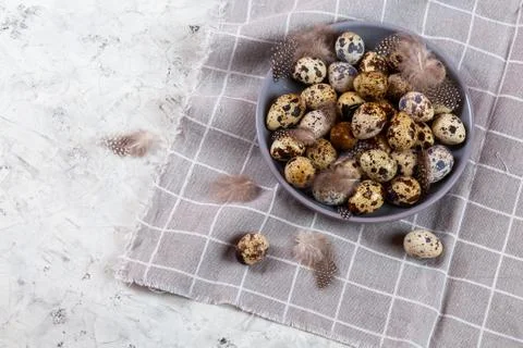 Pile of Easter quail eggs on gray fabric rag on concrete background Stock Photos