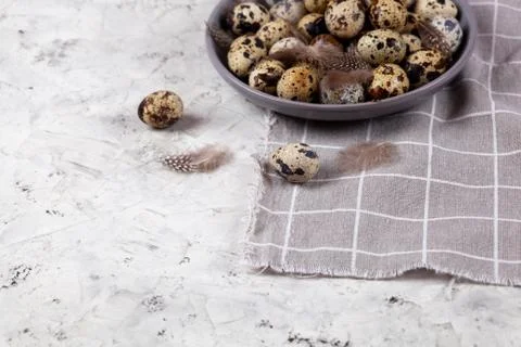Pile of Easter quail eggs on gray fabric rag on concrete background Stock-Fotos