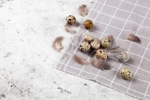 Pile of Easter quail eggs on gray fabric rag on concrete background Stock Photos