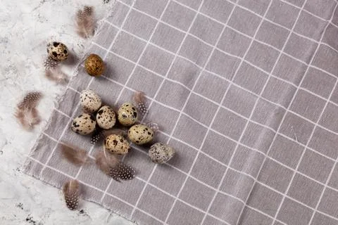 Pile of Easter quail eggs on gray fabric rag on concrete background Foto stock