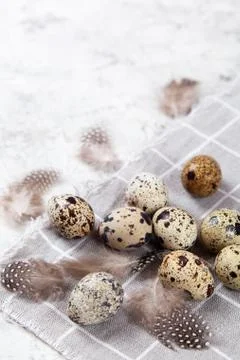 Pile of Easter quail eggs on gray fabric rag on concrete background Stock Photos