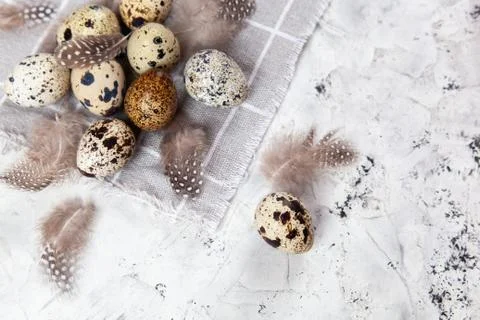 Pile of Easter quail eggs on gray fabric rag on concrete background 库存照片