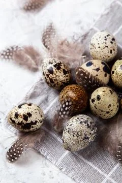 Pile of Easter quail eggs on gray fabric rag on concrete background Stock Photos