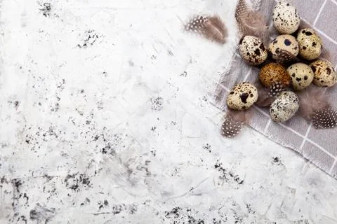 Pile of Easter quail eggs on gray fabric rag on concrete background Stock Photos