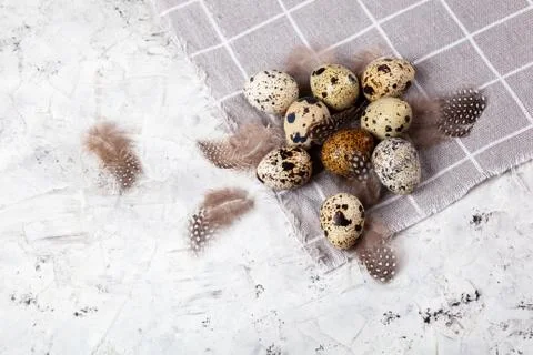 Pile of Easter quail eggs on gray fabric rag on concrete background Stock Photos