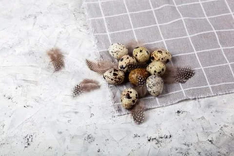 Pile of Easter quail eggs on gray fabric rag on concrete background Stock Photos