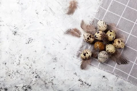 Pile of Easter quail eggs on gray fabric rag on concrete background Foto stock