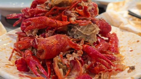 Pile of Eaten Crawfish Shells on Stained Plate, Sequential Close-Up Shots Vídeos de archivo 339351417