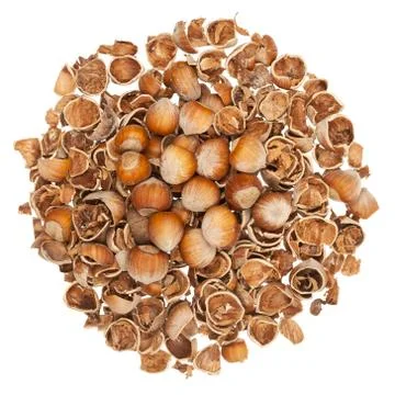 Pile of empty nutshells with some nuts on top Stock Photos