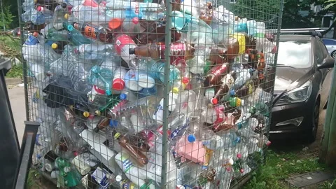 Pile Of Empty Plastic Bottles Collected For Recycling. Urban Ecological Approach Stock Footage 155767844
