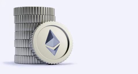 Pile of Ethereums ETH simple silver coins with copy space on neutral backgrou Stockillustratie
