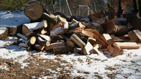 Pile of firewood processed from large oak logs laying under layer of snow Stock Footage 268986624