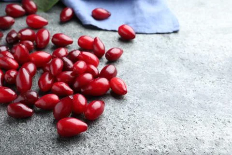 Pile of fresh ripe dogwood berries on grey table. Space for text Stock Photos