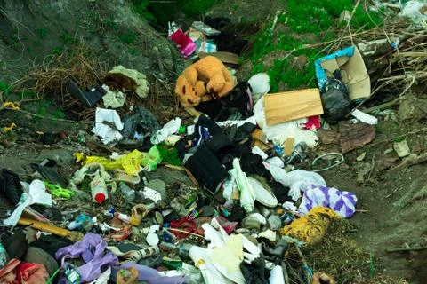 A pile of garbage on the grass in a ravine, plastic and glass bottles, corks and Stock Photos