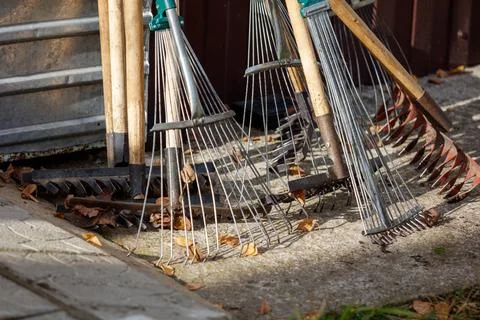 A pile of garden tools including a rake and a pair of pruning shears Stockfoto's