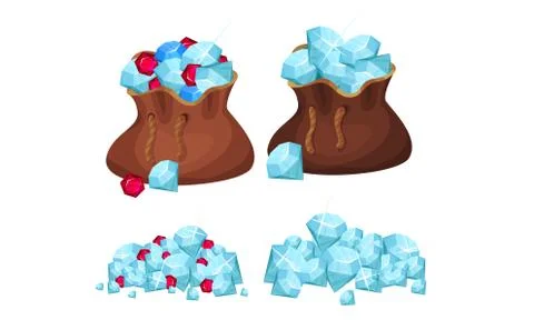 Pile of Gemstones Rested in Sack Vector Set Stock Illustration