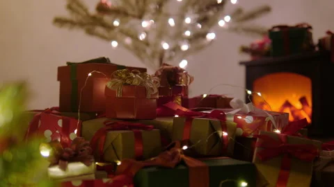 Pile of gift boxes and decorations for christmas and new year Stock Footage 318517421