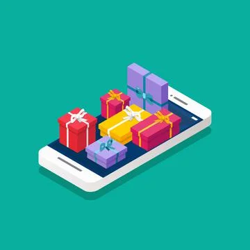 Pile of gift boxes on the smartphone screen isometric Stock Illustration