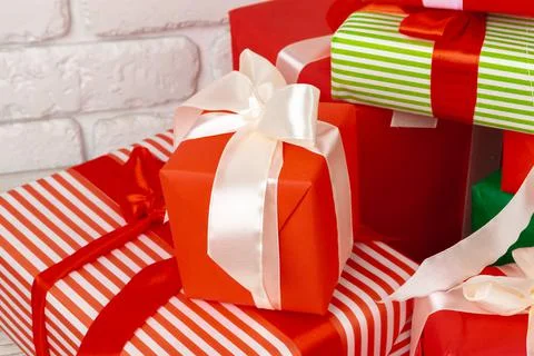 Pile of gift boxes stacked close up Stock Photos