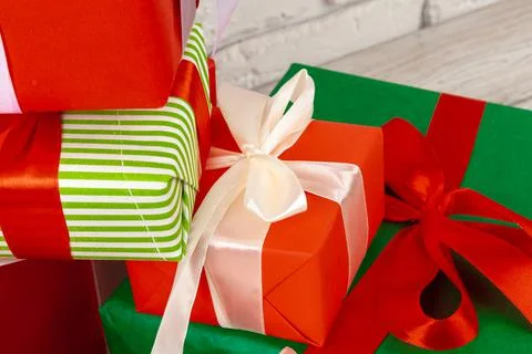 Pile of gift boxes stacked close up Stock Photos