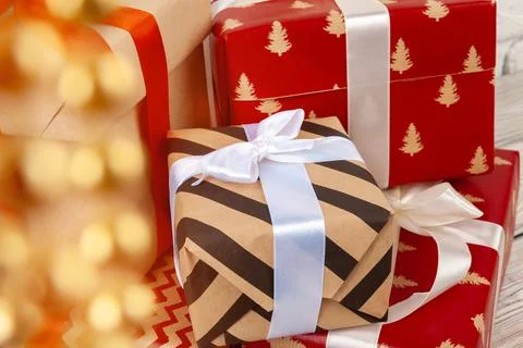 Pile of gift boxes stacked close up Stock Photos